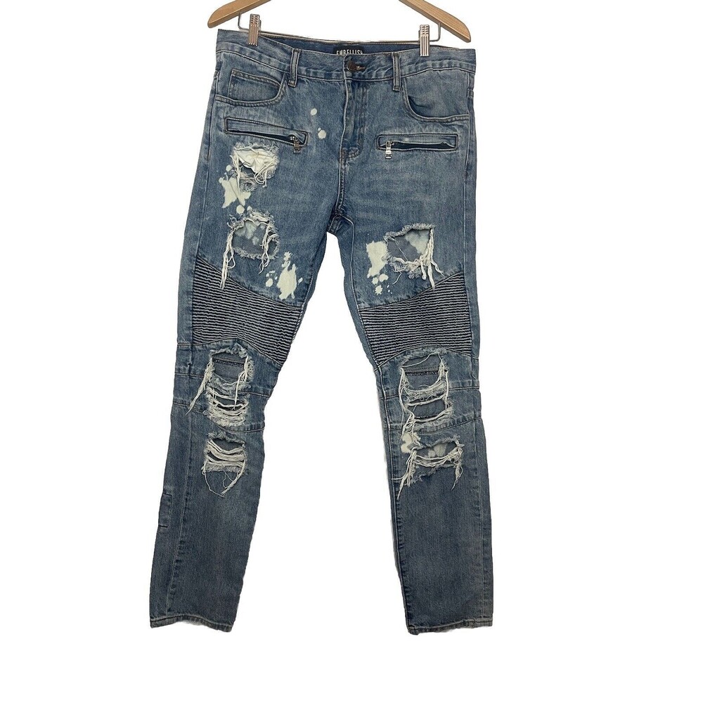 Embellish Mens 34x34 Jeans Distressed Zipper Pockets Cotton Blue Denim